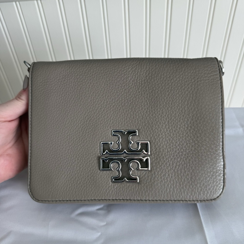 Tory Burch Leather Britten Combo Crossbody Bag Purse Clutch Pouch Gray Silver